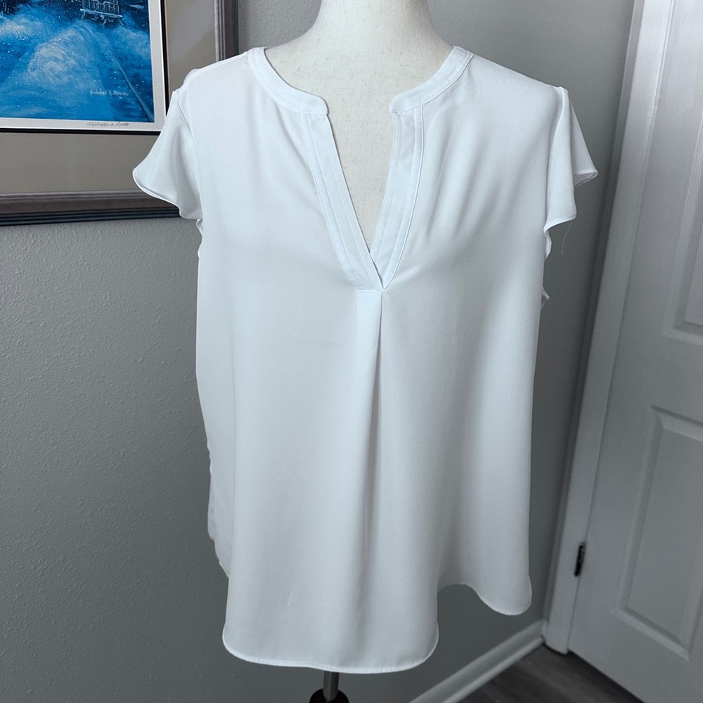 Calvin Klein White Split V-Neck Flutter Sleeve Blouse